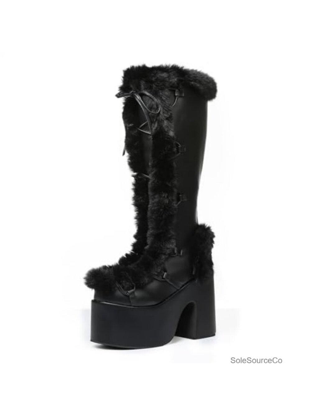 Faux Leather Faux Fur Knee High Platform Boots Chunky Heel Zip Rave